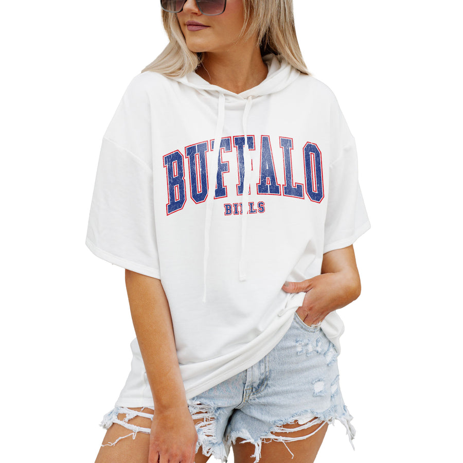 Women's Gameday Couture  White Buffalo Bills Oversized Chic Captain French Terry Short Sleeve Pullover Hoodie