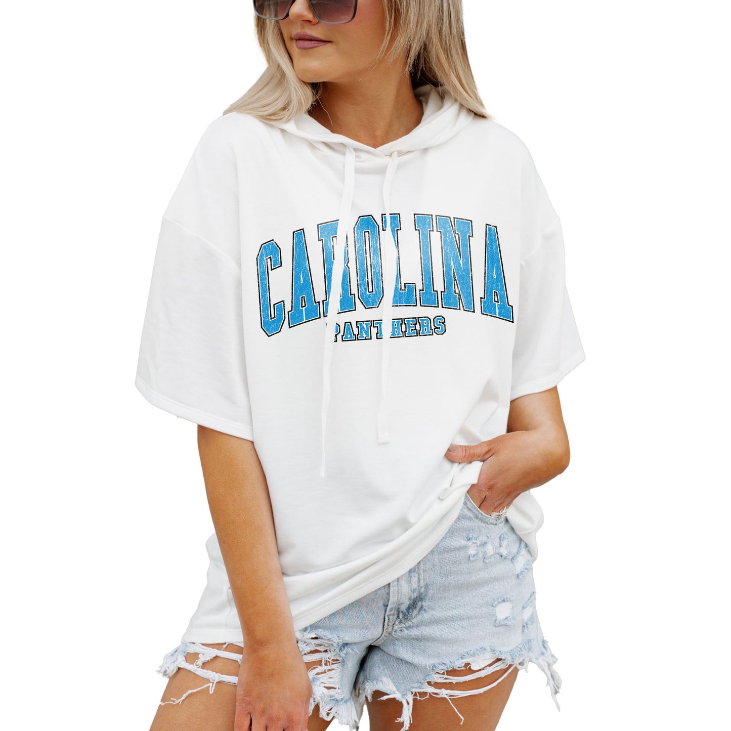 Women's Gameday Couture  White Carolina Panthers Oversized Chic Captain French Terry Short Sleeve Pullover Hoodie