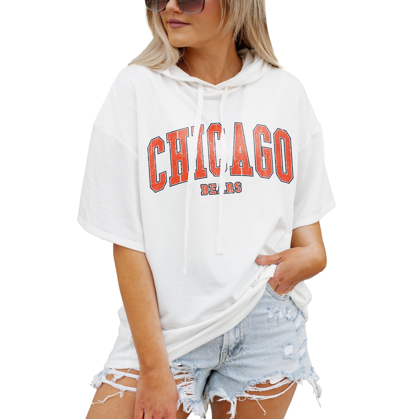 Women's Gameday Couture  White Chicago Bears Oversized Chic Captain French Terry Short Sleeve Pullover Hoodie
