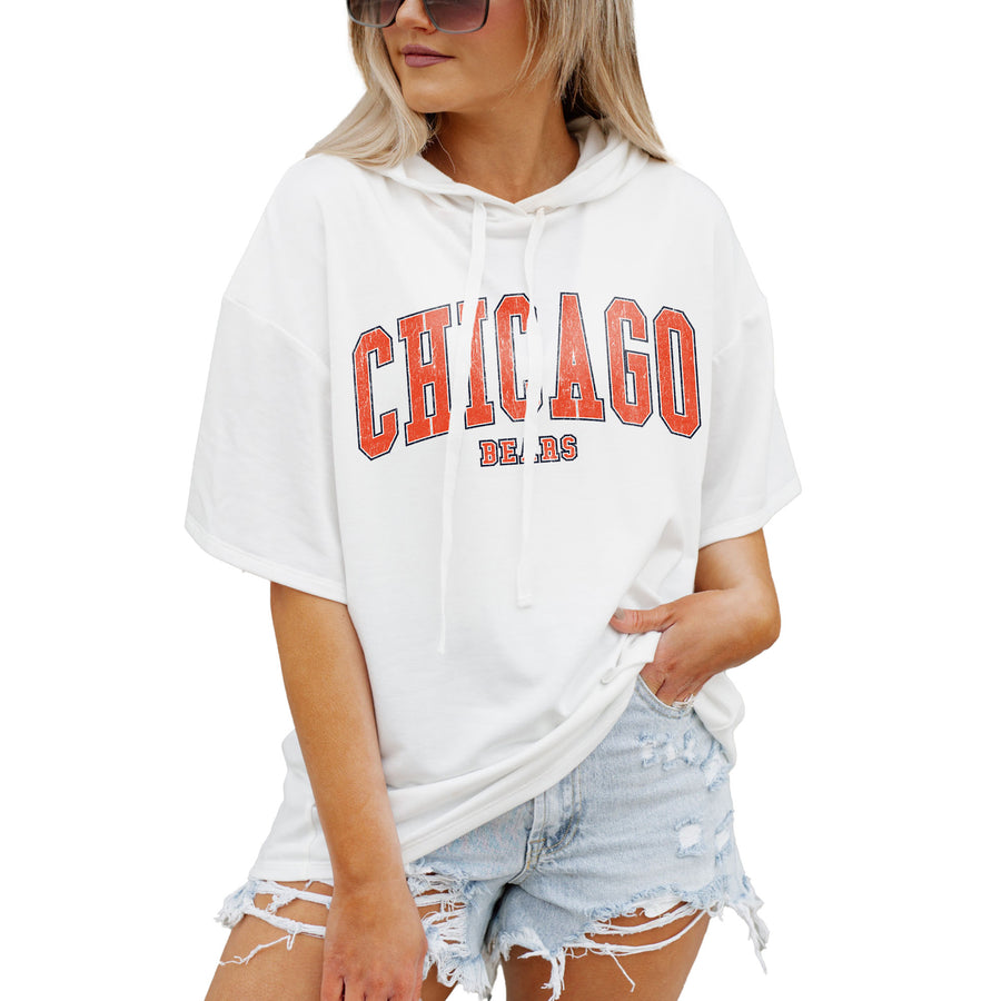 Women's Gameday Couture  White Chicago Bears Oversized Chic Captain French Terry Short Sleeve Pullover Hoodie