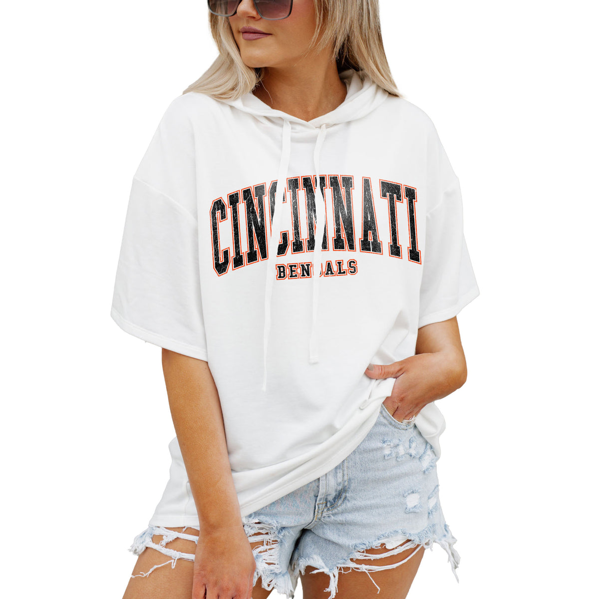 Women's Gameday Couture  White Cincinnati Bengals Oversized Chic Captain French Terry Short Sleeve Pullover Hoodie
