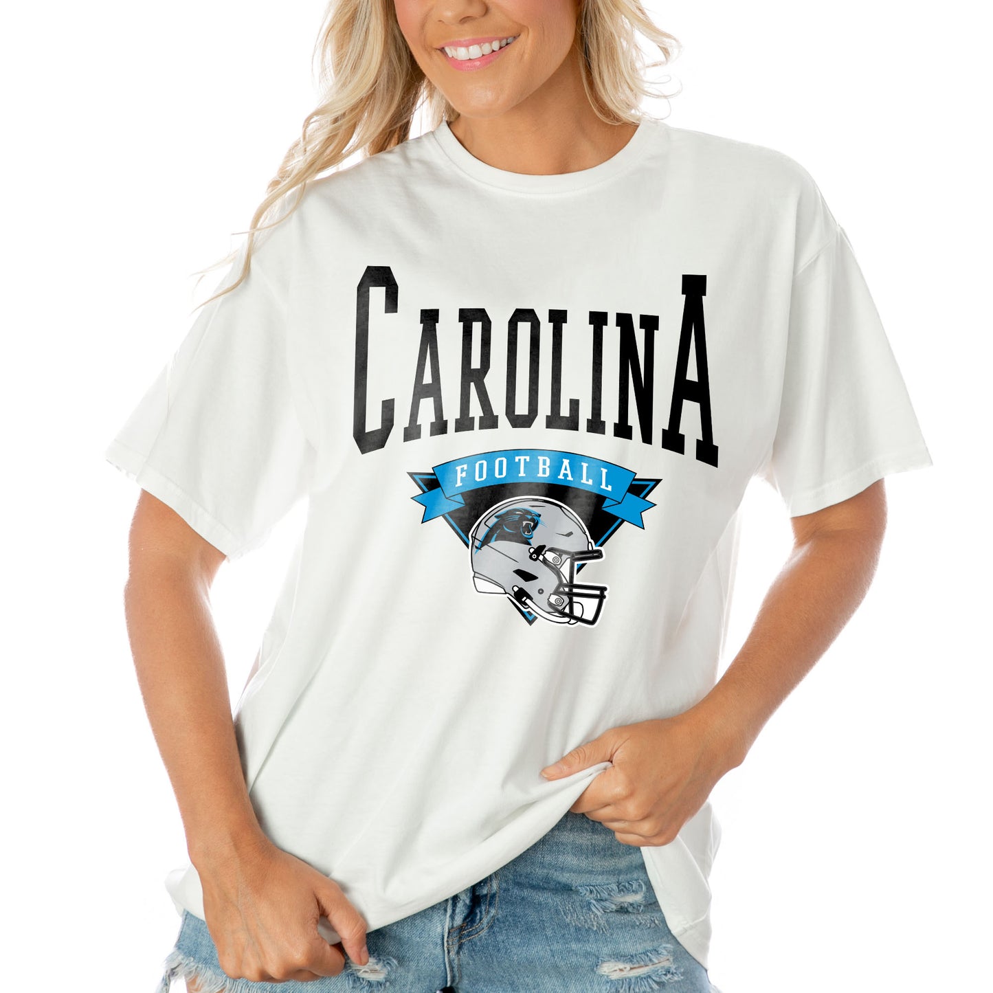 Women's Gameday Couture  White Carolina Panthers Enforcer Relaxed T-Shirt