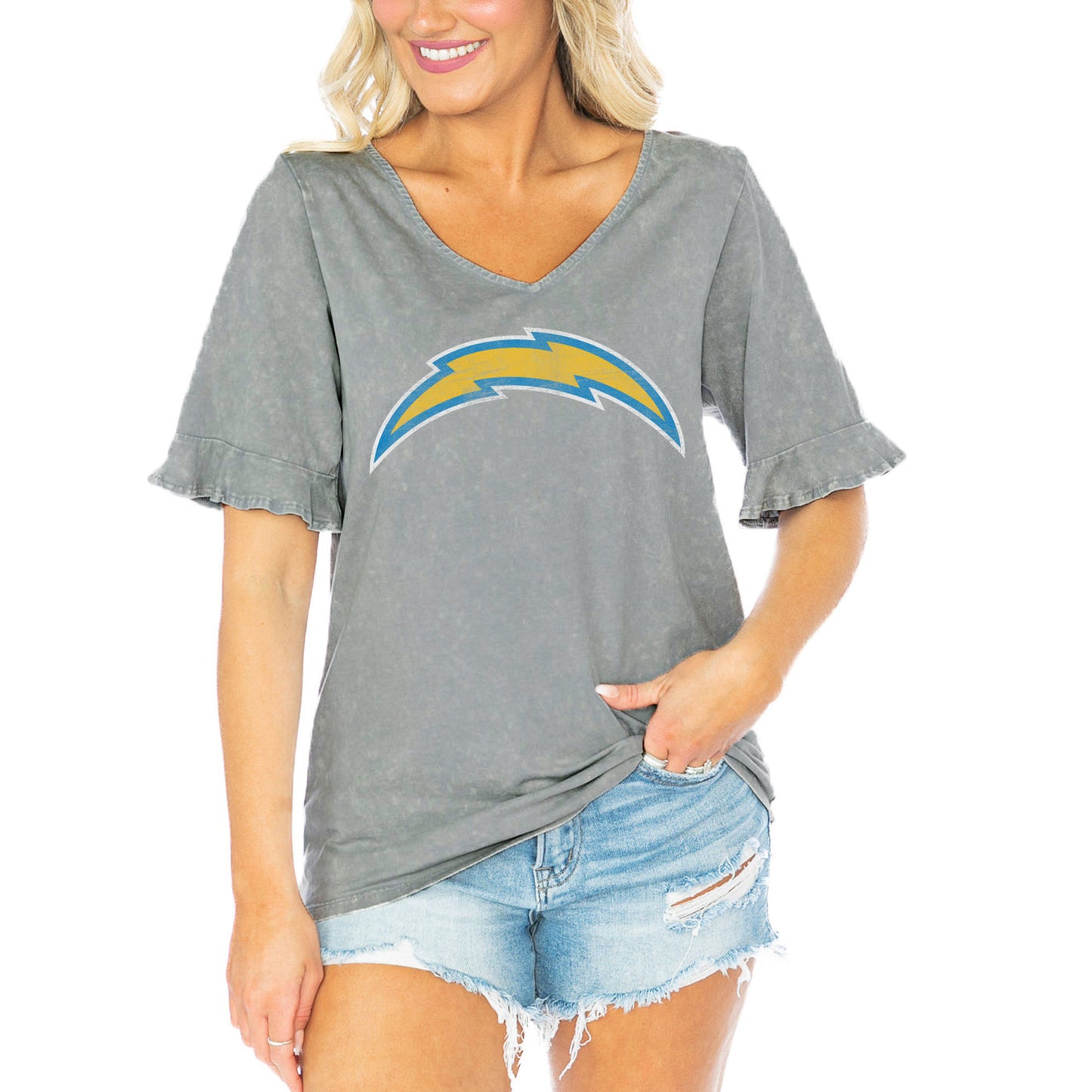 Women's Gameday Couture  Gray Los Angeles Chargers Field Finesse Ruffle Sleeve V-Neck T-Shirt