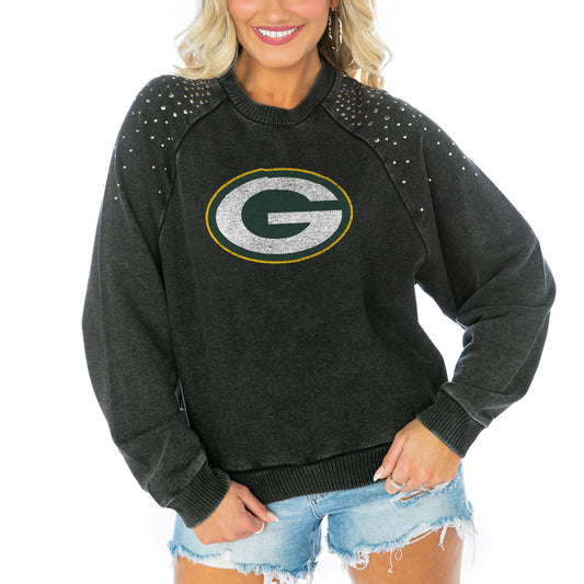 Women's Gameday Couture Charcoal Green Bay Packers French Terry Studded Cropped Pullover Sweatshirt