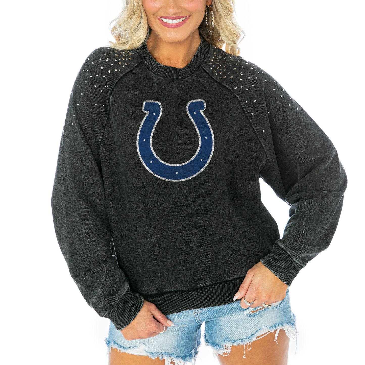 Women's Gameday Couture Charcoal Indianapolis Colts French Terry Studded Cropped Pullover Sweatshirt