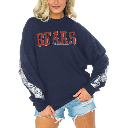 Women's Gameday Couture  Navy Chicago Bears Glitz Sequin Long Sleeve T-Shirt