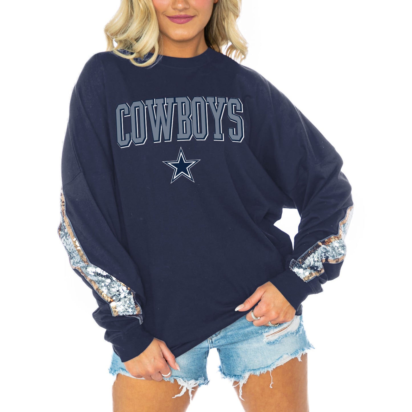 Women's Gameday Couture  Navy Dallas Cowboys Glitz Sequin Long Sleeve T-Shirt