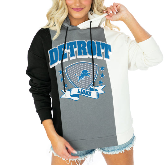 Women's Gameday Couture  Black/White Detroit Lions Take The Field Tri-Color Block Fleece Pullover Hoodie