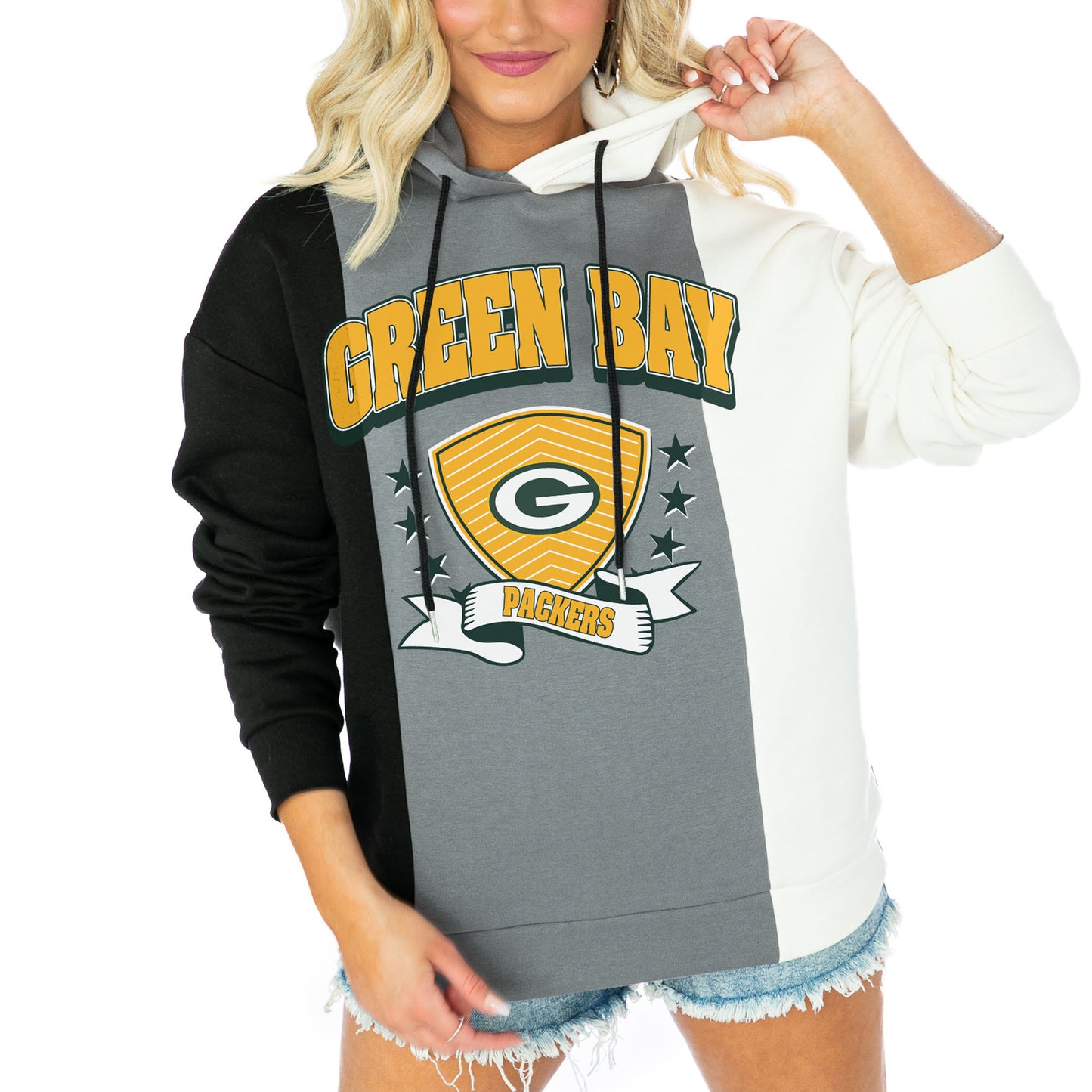 Women's Gameday Couture  Black/White Green Bay Packers Take The Field Tri-Color Block Fleece Pullover Hoodie