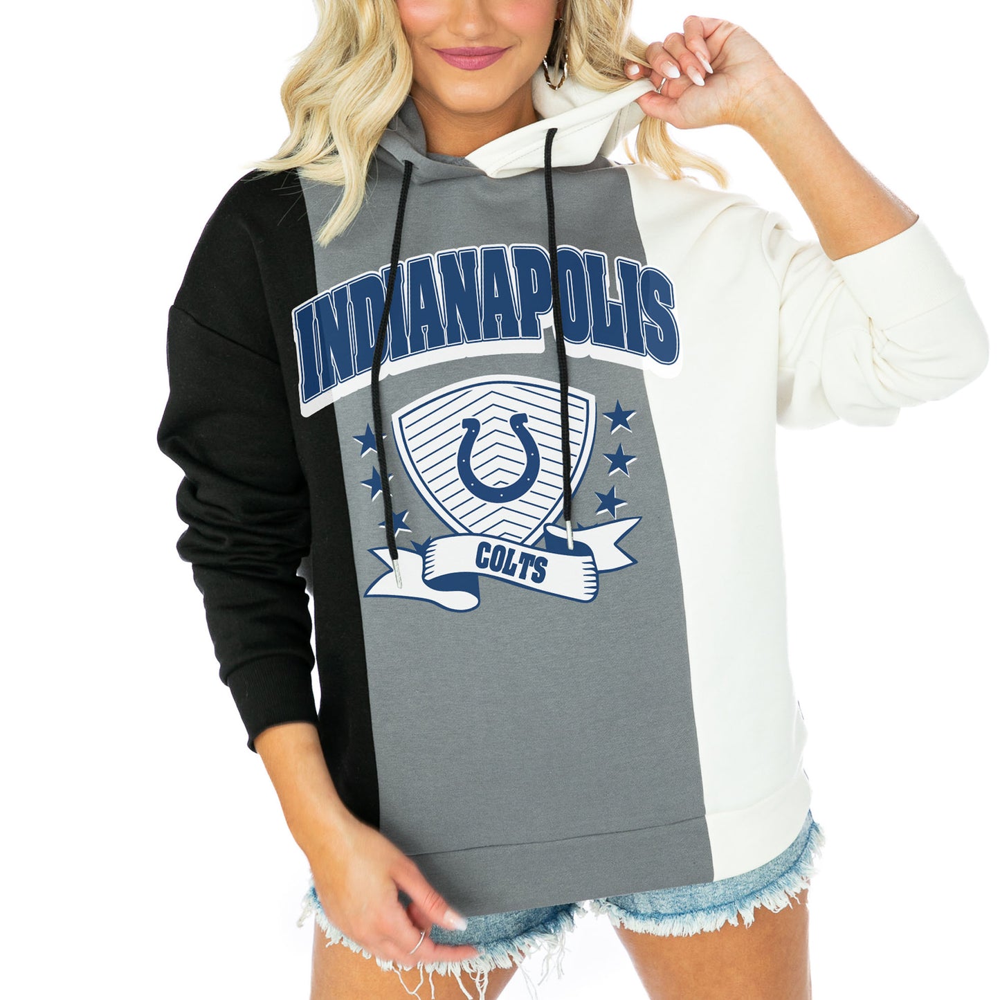 Women's Gameday Couture  Black/White Indianapolis Colts Take The Field Tri-Color Block Fleece Pullover Hoodie