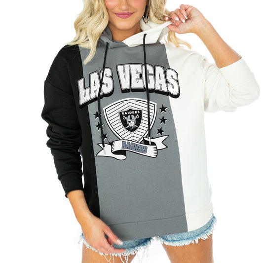 Women's Gameday Couture  Black/White Las Vegas Raiders Take The Field Tri-Color Block Fleece Pullover Hoodie