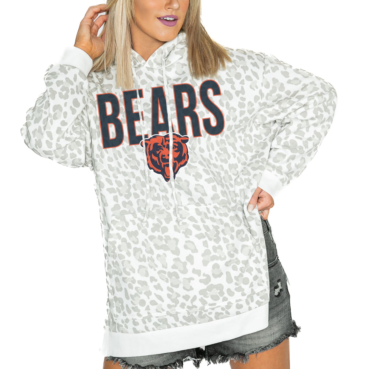 Womens' Gameday Couture  White Chicago Bears Leopard Side Slit Pullover Hoodie