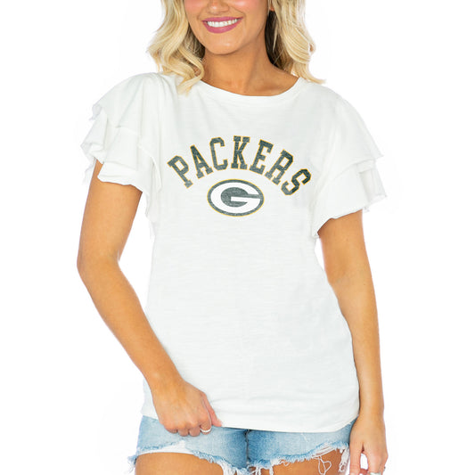 Women's Gameday Couture  White Green Bay Packers Valkyrie Ruffle Sleeve Lightweight Top