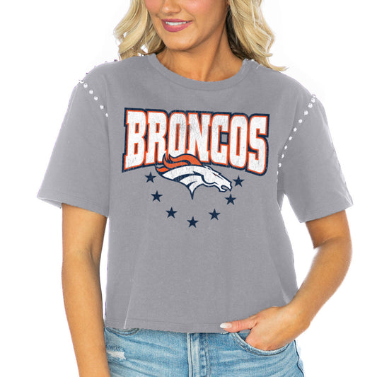 Women's Gameday Couture  Gray Denver Broncos Gladiator Studded Sleeve Cropped T-Shirt