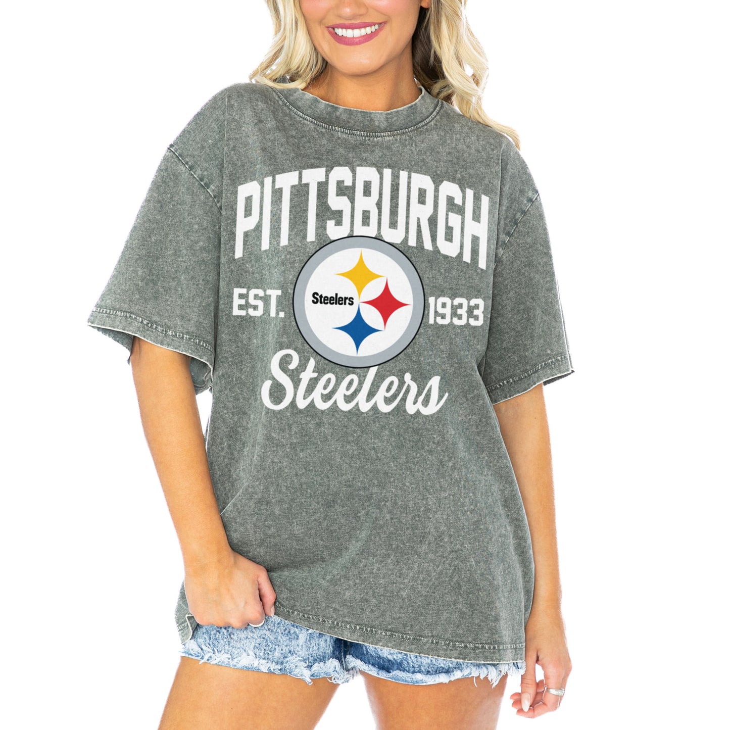 Women's Gameday Couture  Gray Pittsburgh Steelers Tackle Titan Boyfriend Washed T-Shirt