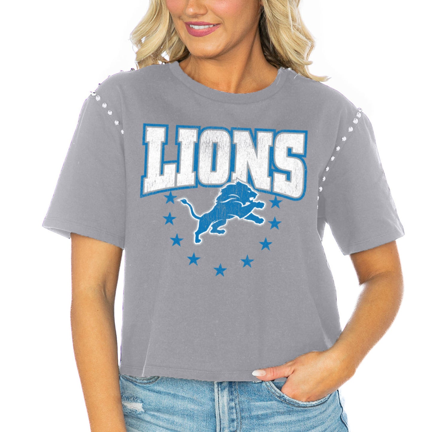 Women's Gameday Couture  Gray Detroit Lions Gladiator Studded Sleeve Cropped T-Shirt