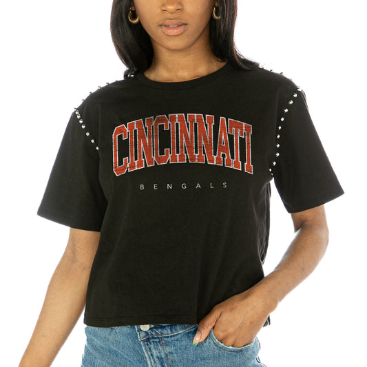 Women's Gameday Couture  Black Cincinnati Bengals Elite Elegance Studded Sleeve Cropped T-Shirt