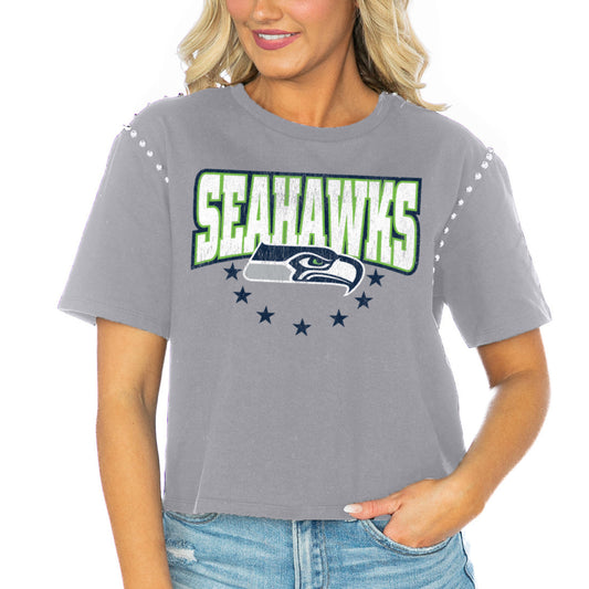 Women's Gameday Couture  Gray Seattle Seahawks Gladiator Studded Sleeve Cropped T-Shirt