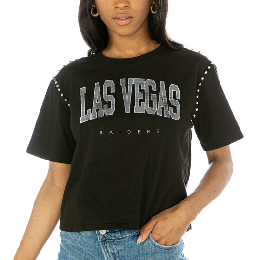 Women's Gameday Couture  Black Las Vegas Raiders Elite Elegance Studded Sleeve Cropped T-Shirt