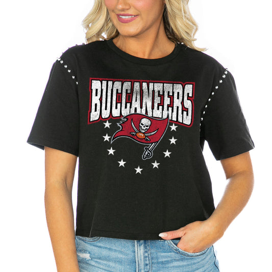 Women's Gameday Couture  Black Tampa Bay Buccaneers Gladiator Studded Sleeve Cropped T-Shirt