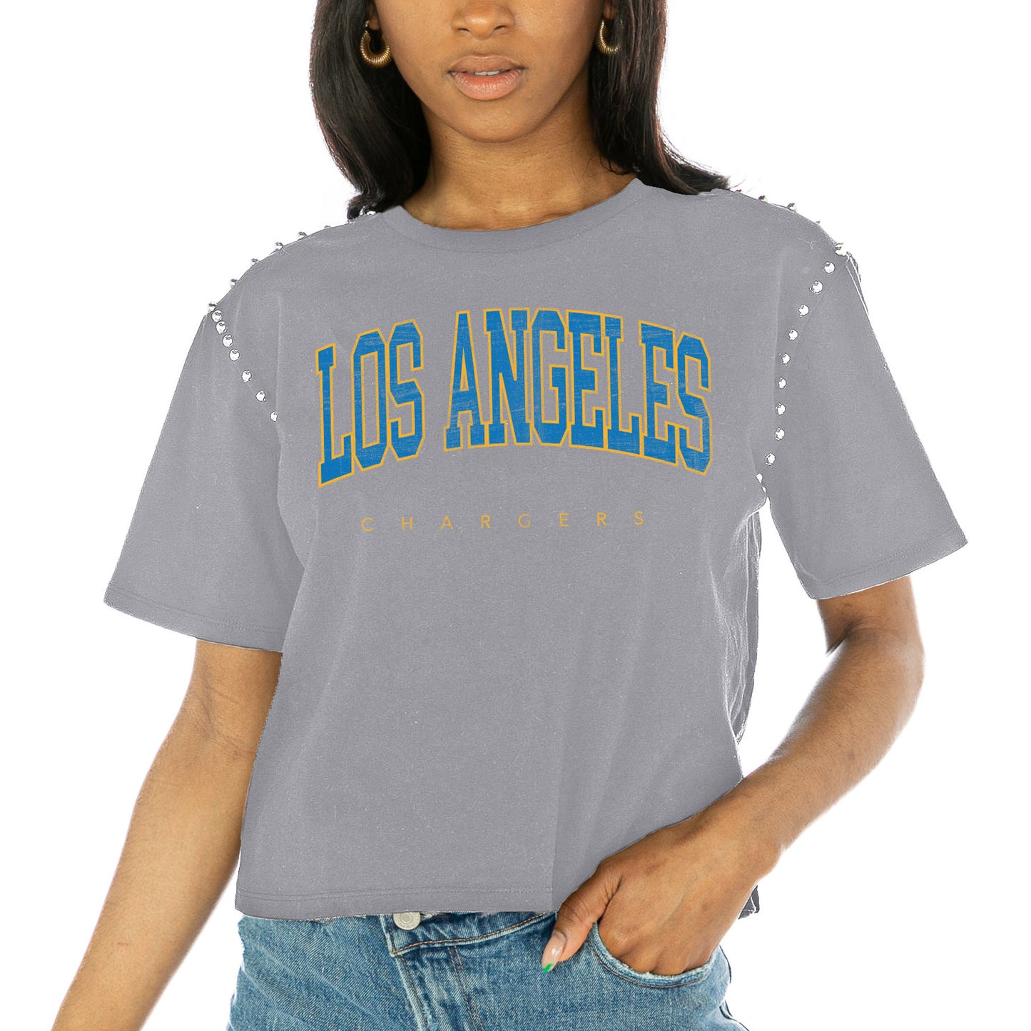 Women's Gameday Couture  Gray Los Angeles Chargers Elite Elegance Studded Sleeve Cropped T-Shirt