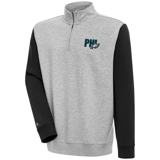 Men's Antigua  Heather Gray/Black Philadelphia Eagles Victory Colorblock Quarter-Zip Pullover Top