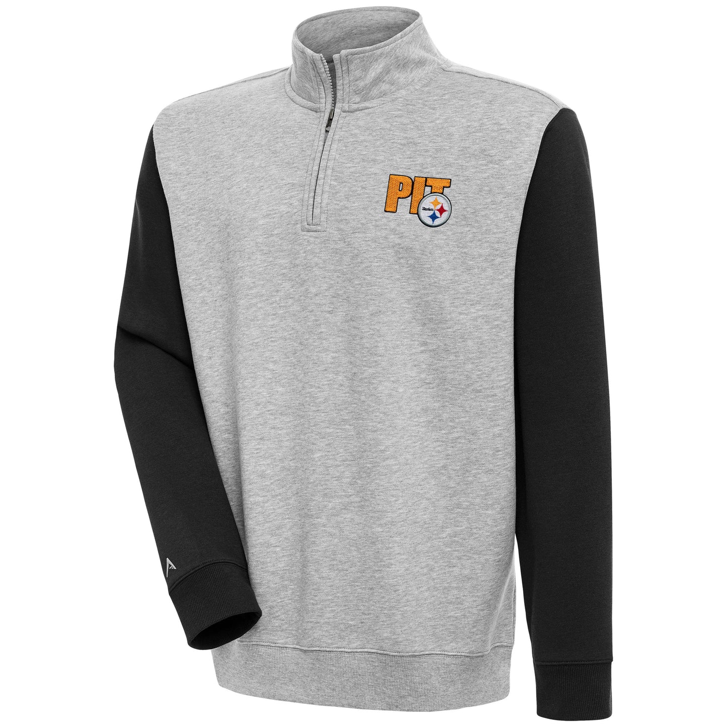 Men's Antigua  Heather Gray/Black Pittsburgh Steelers Victory Colorblock Quarter-Zip Pullover Top