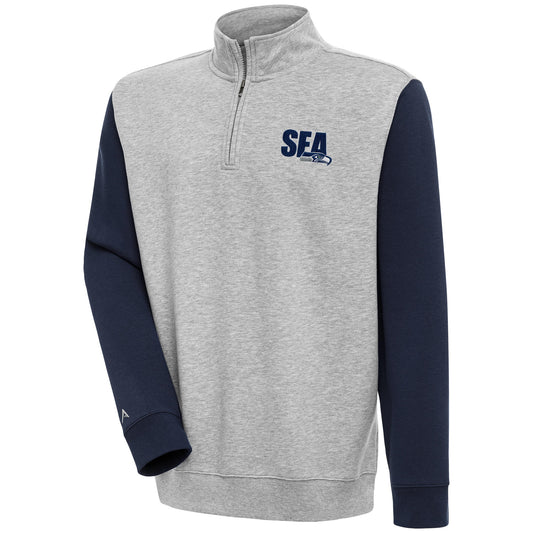 Men's Antigua  Heather Gray/Navy Seattle Seahawks Victory Colorblock Quarter-Zip Pullover Top