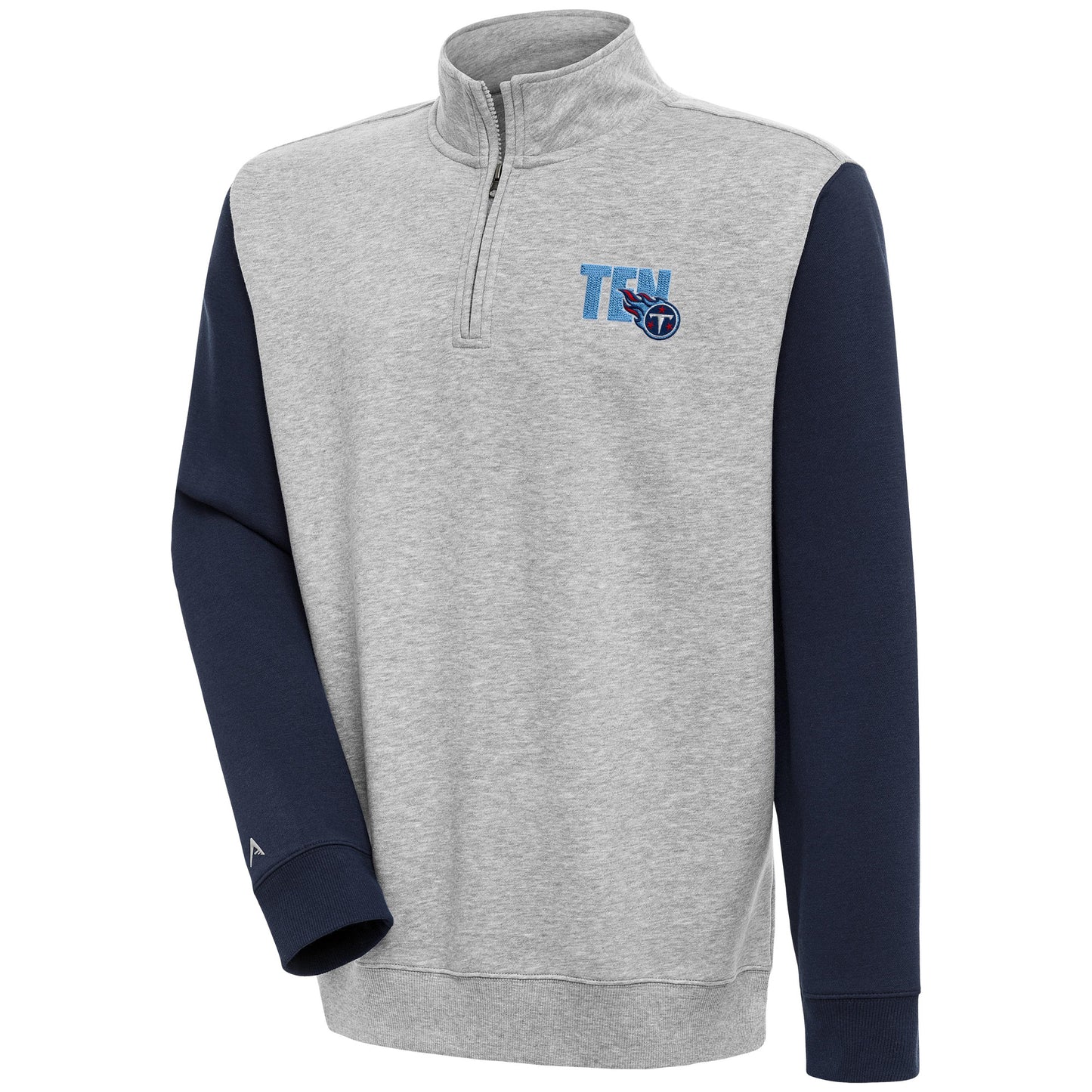 Men's Antigua  Heather Gray/Navy Tennessee Titans Victory Colorblock Quarter-Zip Pullover Top