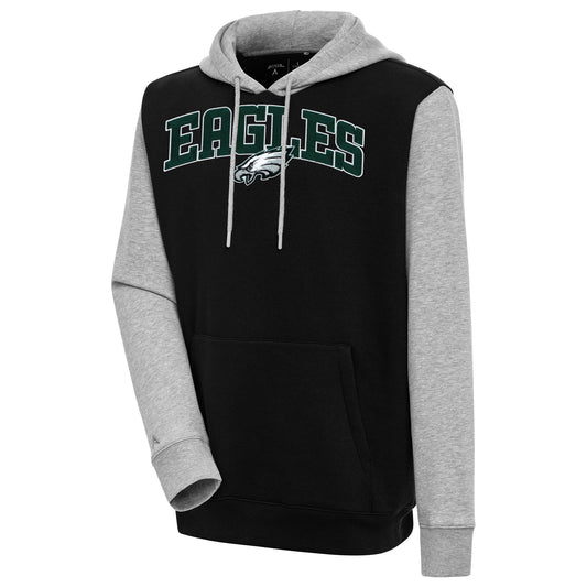 Men's Antigua  Black/Heather Gray Philadelphia Eagles Victory Colorblock Pullover Hoodie