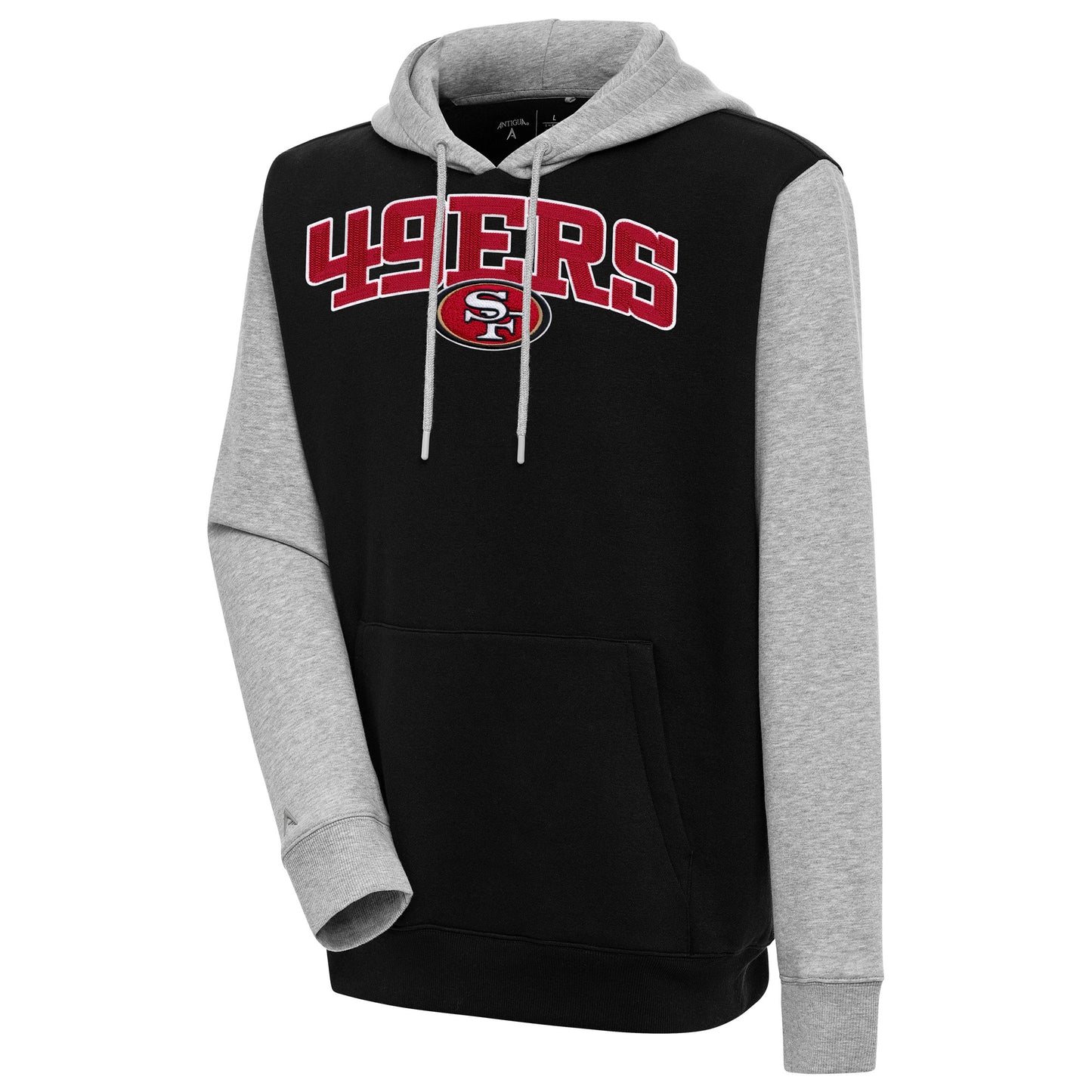 Men's Antigua  Black/Heather Gray San Francisco 49ers Victory Colorblock Pullover Hoodie
