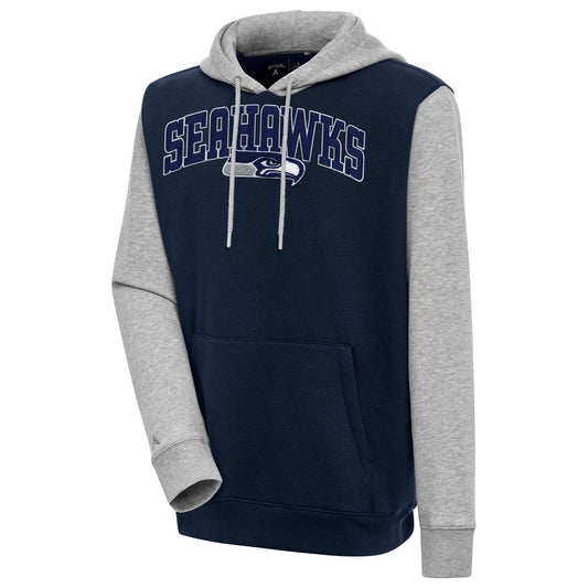 Men's Antigua  Navy/Heather Gray Seattle Seahawks Victory Colorblock Pullover Hoodie