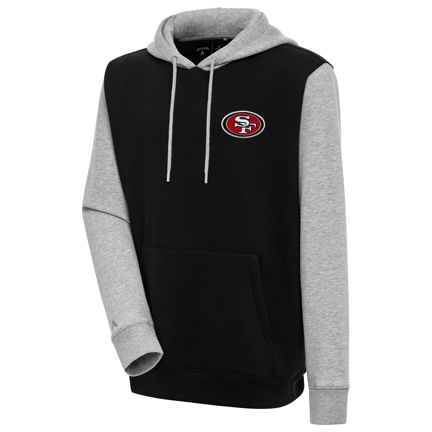 Men's Antigua  Black/Heather Gray San Francisco 49ers Victory Colorblock Pullover Hoodie