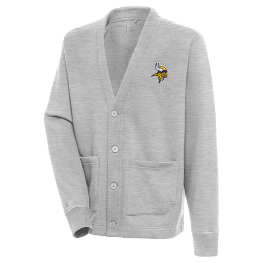 Men's Antigua  Heather Gray Minnesota Vikings Victory Button-Up Cardigan