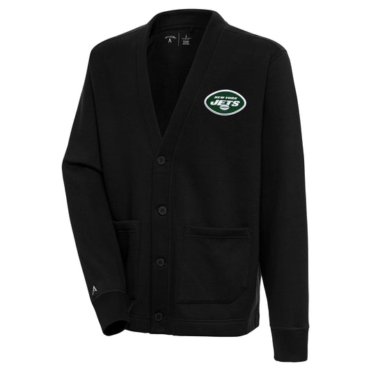 Men's Antigua  Black New York Jets Victory Button-Up Cardigan