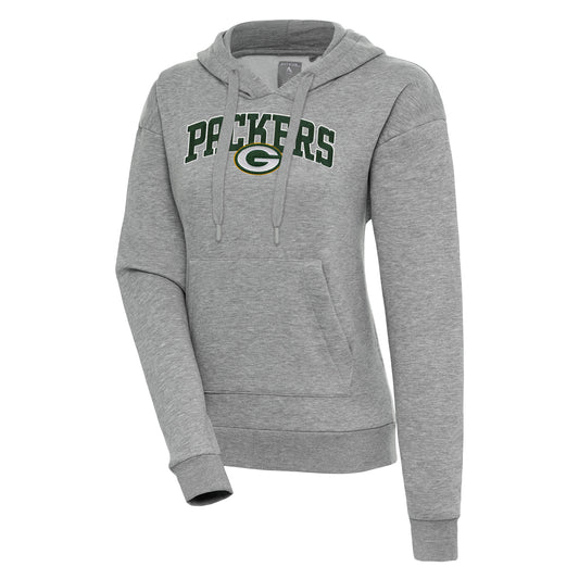 Women's Antigua  Heather Gray Green Bay Packers Victory Chenille Pullover Hoodie