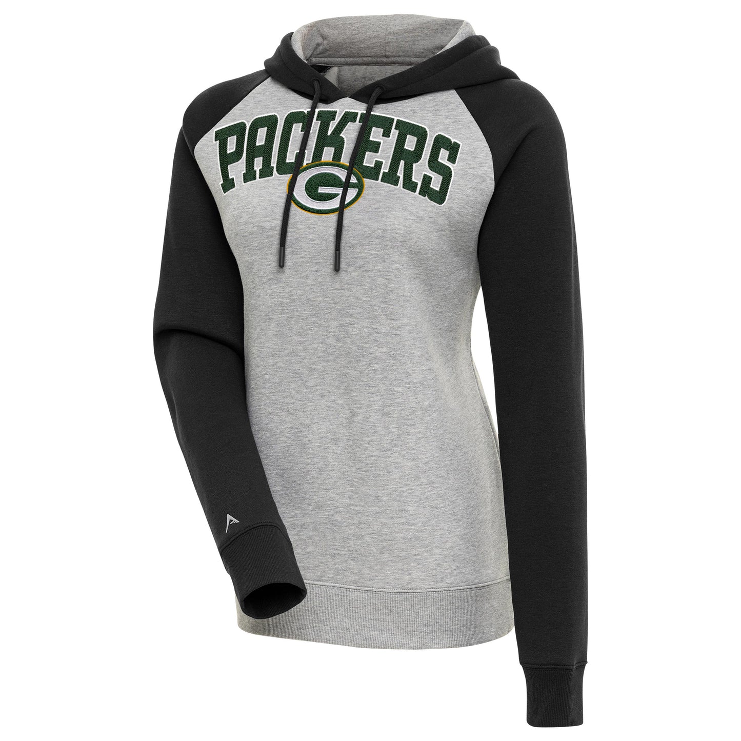 Women's Antigua  Heather Gray/Black Green Bay Packers Victory Raglan Sleeve Chenille Pullover Hoodie