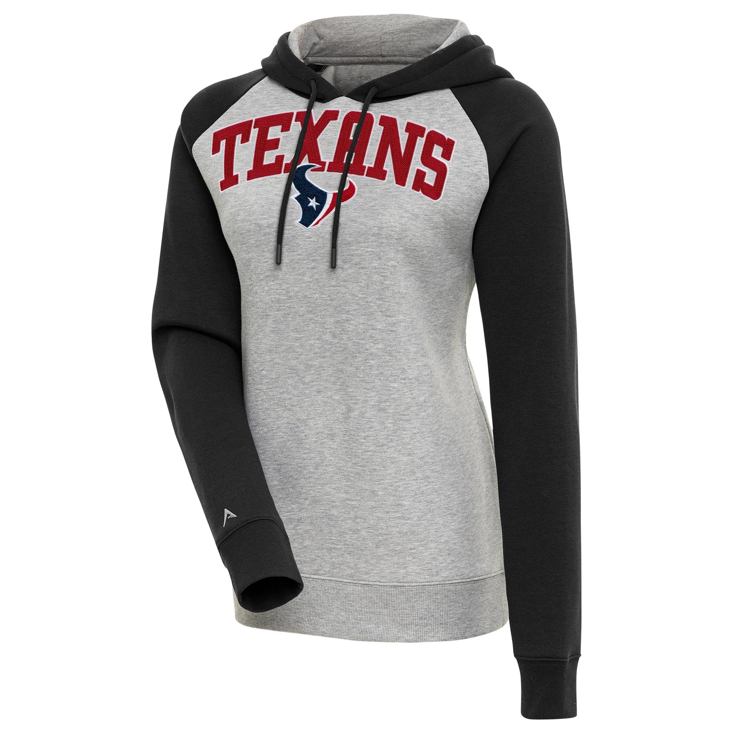 Women's Antigua  Heather Gray/Black Houston Texans Victory Raglan Sleeve Chenille Pullover Hoodie