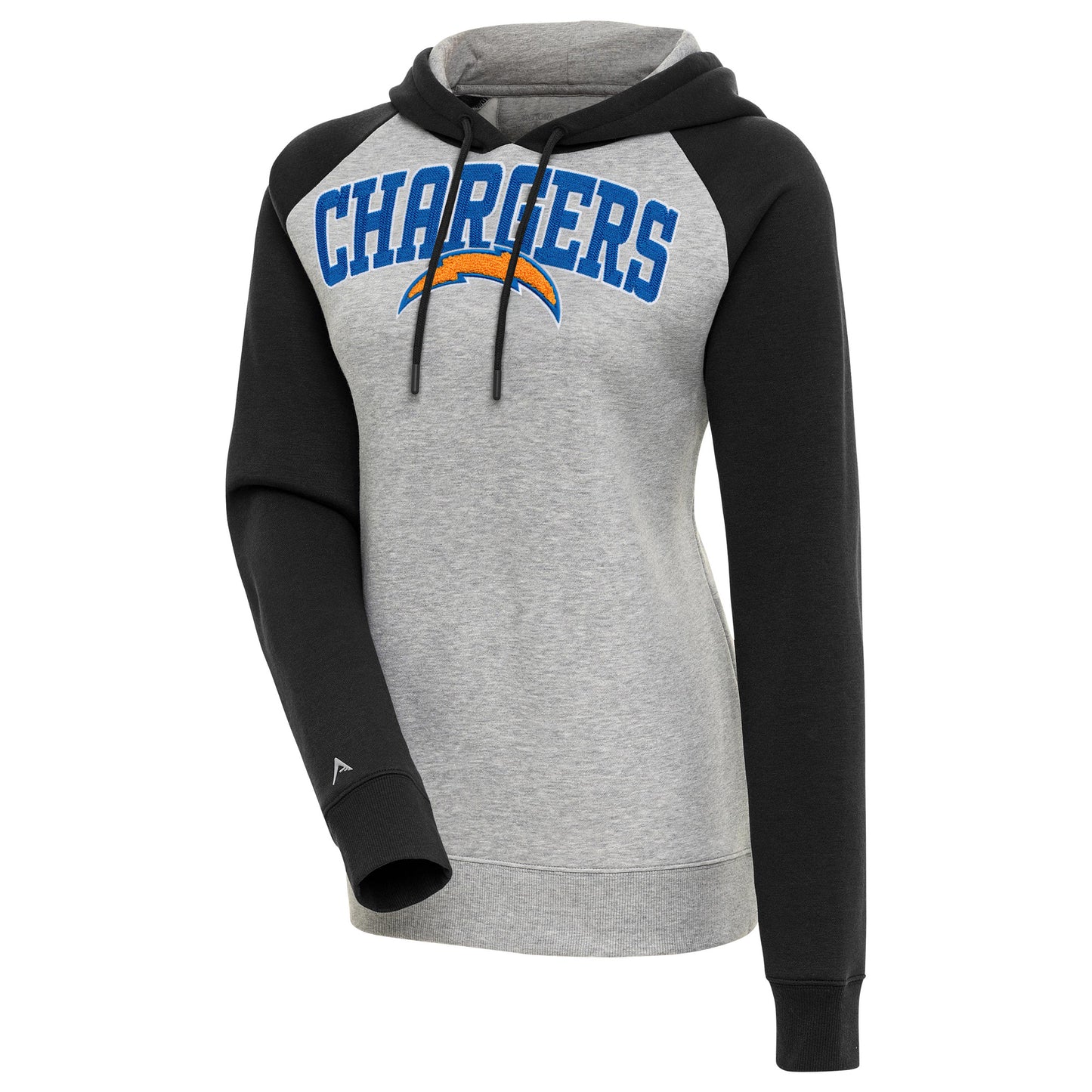 Women's Antigua  Heather Gray/Black Los Angeles Chargers Victory Raglan Sleeve Chenille Pullover Hoodie
