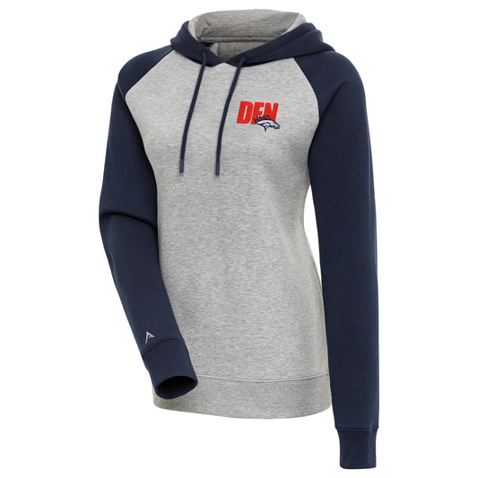 Women's Antigua  Heather Gray/Navy Denver Broncos Victory Raglan Sleeve Pullover Hoodie