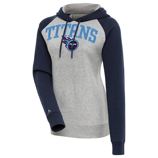 Women's Antigua  Heather Gray/Navy Tennessee Titans Victory Raglan Sleeve Chenille Pullover Hoodie