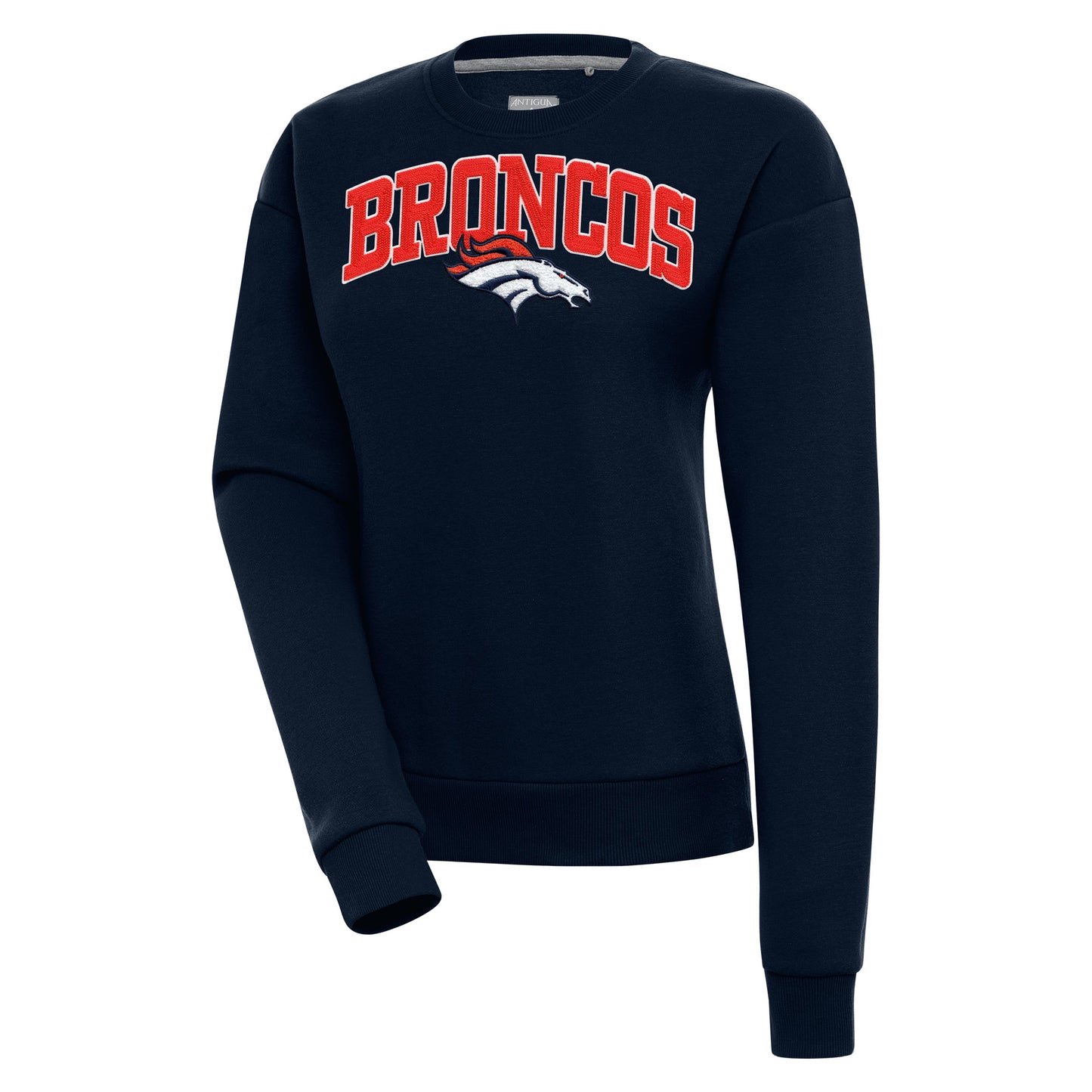 Women's Antigua  Navy Denver Broncos Victory Chenille Pullover Sweatshirt