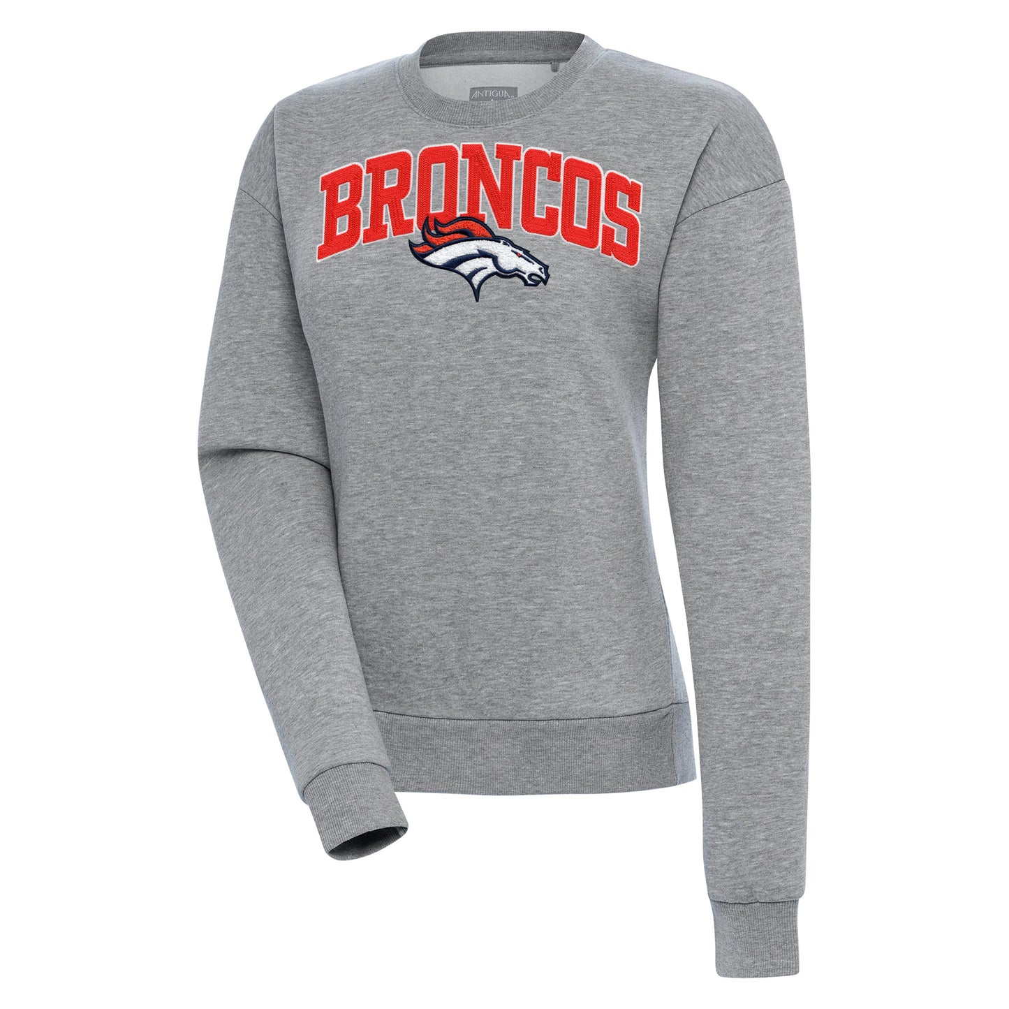 Women's Antigua  Heather Gray Denver Broncos Victory Chenille Pullover Sweatshirt