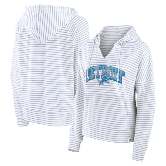 Women's Fanatics White/Gray Detroit Lions Striped Notch Neck Pullover Hoodie