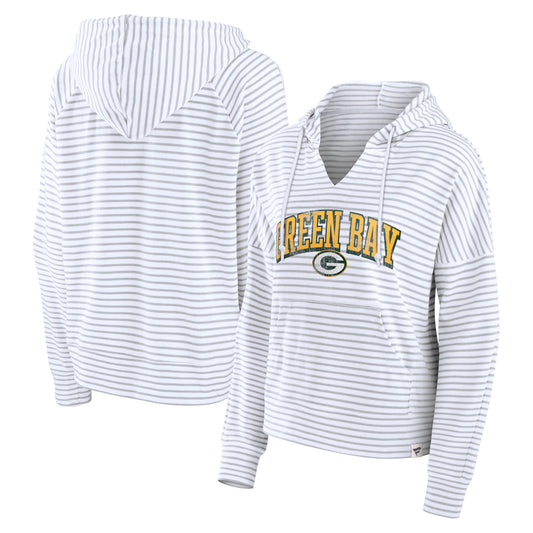 Women's Fanatics White/Gray Green Bay Packers Striped Notch Neck Pullover Hoodie