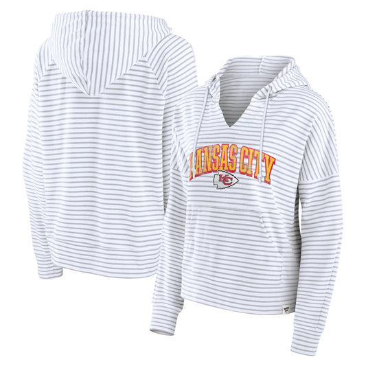 Women's Fanatics White/Gray Kansas City Chiefs Striped Notch Neck Pullover Hoodie