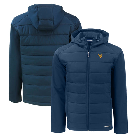 Men's Cutter & Buck  Navy West Virginia Mountaineers Big & Tall Evoke Hybrid Eco Softshell Recycled Full-Zip Hoodie