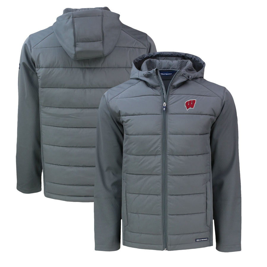 Men's Cutter & Buck  Gray Wisconsin Badgers Big & Tall Evoke Hybrid Eco Softshell Recycled Full-Zip Hoodie
