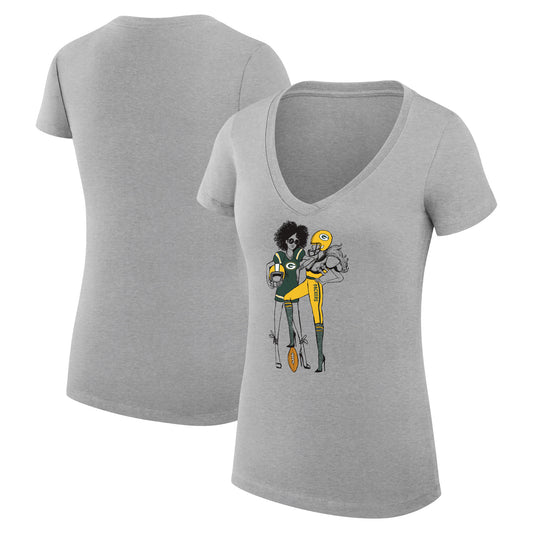 Women's G-III 4Her by Carl Banks Heather Gray Green Bay Packers Football Girls Graphic V-Neck Fitted T-Shirt