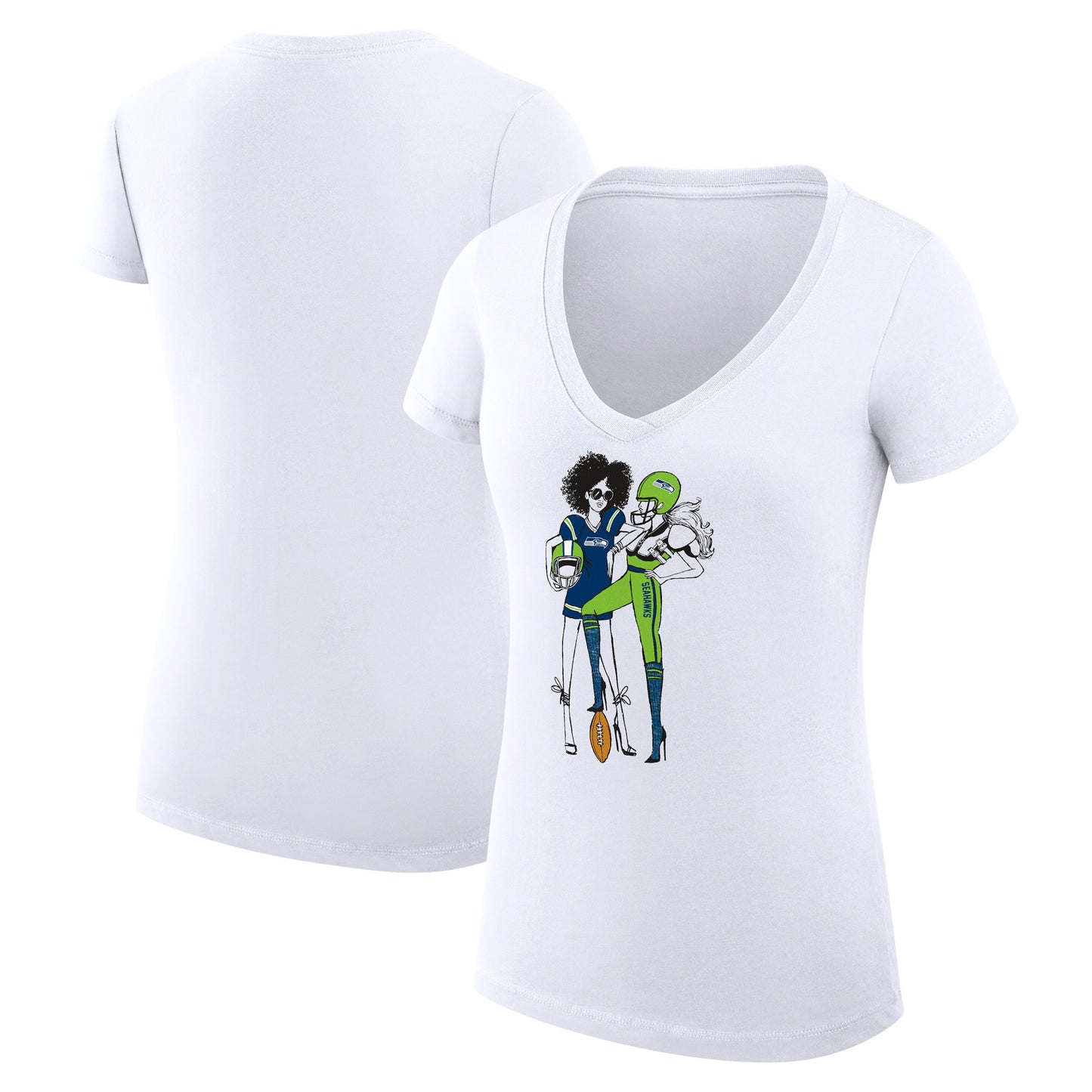 Women's G-III 4Her by Carl Banks White Seattle Seahawks Football Girls Graphic V-Neck Fitted T-Shirt